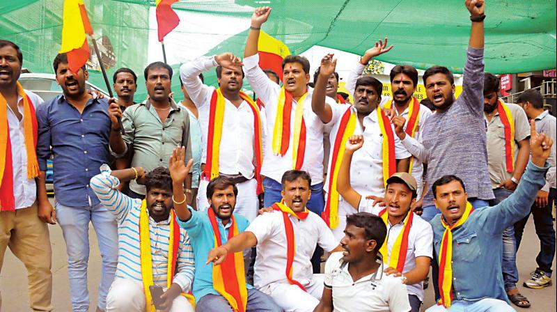 Kannada activists protesting in front of Mantri Mall in Malleswaram against the release of Rajnikanth’s film, ‘Kaala’. Kannada activists protesting in front of Mantri Mall in Malleswaram against the release of Rajnikanth’s film, ‘Kaala’.