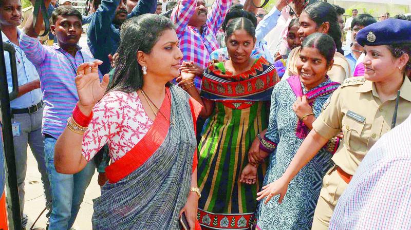 YSR Congress MLA R.K. Roja on her way to the Assembly Budget Session on Monday. (Photo: DC) YSR Congress MLA R.K. Roja on her way to the Assembly Budget Session on Monday. (Photo: DC)