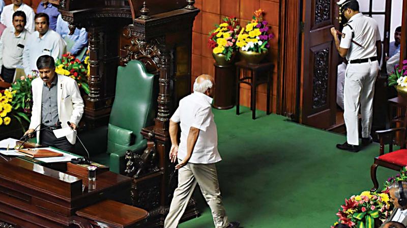 Speaker Ramesh Kumar leaves the legislative Assembly after submitting his resignation papers to Deputy Speaker Krishna Reddy on Tuesday. (Photo: DC) Speaker Ramesh Kumar leaves the legislative Assembly after submitting his resignation papers to Deputy Speaker Krishna Reddy on Tuesday. (Photo: DC)
