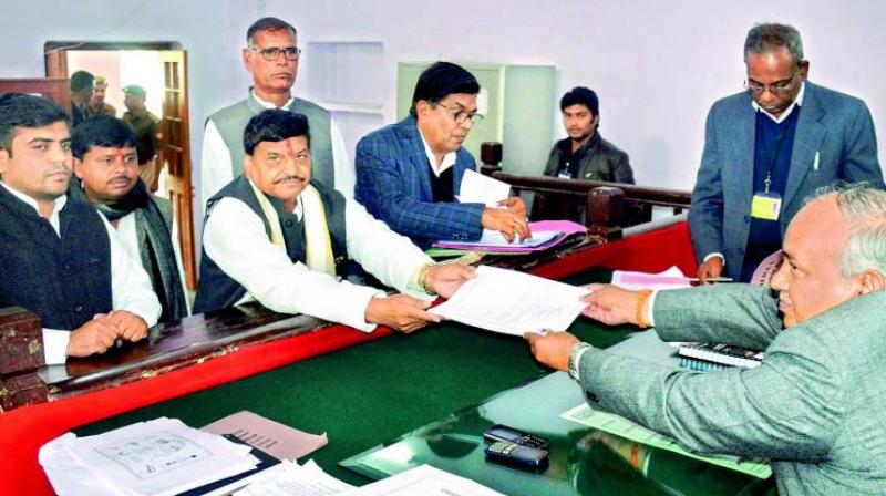 Senior leader Shivpal Singh Yadav filing his nomination papers as SP candidate in Etawah on Tuesday. (Photo: PTI) Senior leader Shivpal Singh Yadav filing his nomination papers as SP candidate in Etawah on Tuesday. (Photo: PTI)
