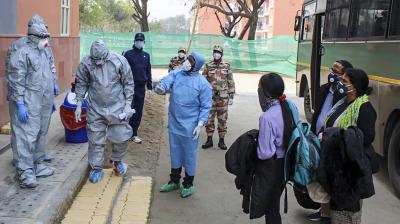 Indian nationals at the ITBP quarantine facility for testing of the novel coronavirus (COVID-19), at Chhawl on Sunday. PTI file photo