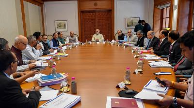 File photo of prime minister Narendra Modi chairing a meeting of the National Disaster Management Authority in New Delhi  in 2018. (PIB)
