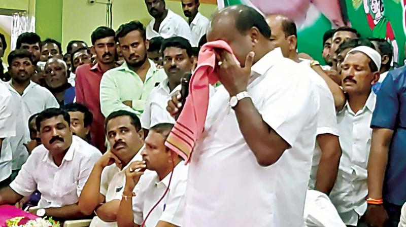 Former CM H.D. Kumaraswamy at a JD(S) workers’ meet at K.R. Pet in Mandya district on Saturday. (DC) Former CM H.D. Kumaraswamy at a JD(S) workers’ meet at K.R. Pet in Mandya district on Saturday. (DC)