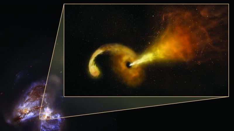 The scientists tracked the event with radio and infrared telescopes, including the National Science Foundation's Very Long Baseline Array (VLBA), in a pair of colliding galaxies called Arp 299. (Photo Credit: Sophia Dagnello, NRAO/AUI/NSF; NASA, STScI) The scientists tracked the event with radio and infrared telescopes, including the National Science Foundation's Very Long Baseline Array (VLBA), in a pair of colliding galaxies called Arp 299. (Photo Credit: Sophia Dagnello, NRAO/AUI/NSF; NASA, STScI)