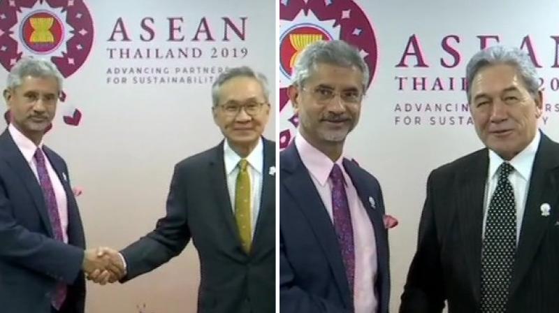 External Affairs Minister S Jaishankar with his counterparts from Thailand and New Zealand respectively in Bangkok. (Photo: ANI) External Affairs Minister S Jaishankar with his counterparts from Thailand and New Zealand respectively in Bangkok. (Photo: ANI)