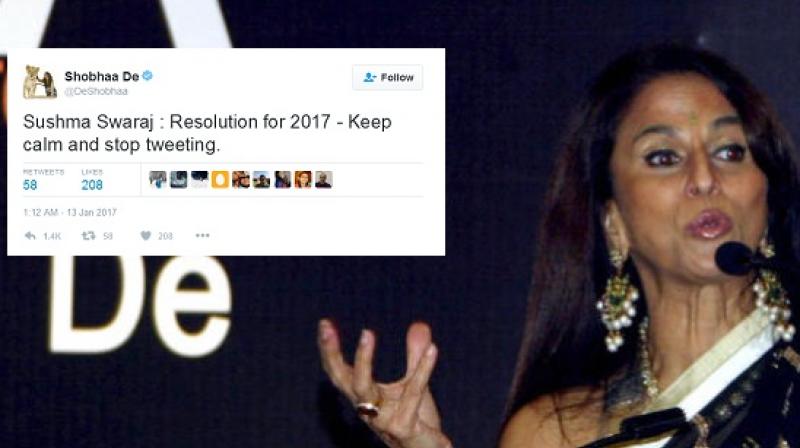 The columnnist tweeted saying that keeping calm and not tweeting should be Shobhaa De's new year resolution. (Photo: AFP) The columnnist tweeted saying that keeping calm and not tweeting should be Shobhaa De's new year resolution. (Photo: AFP)
