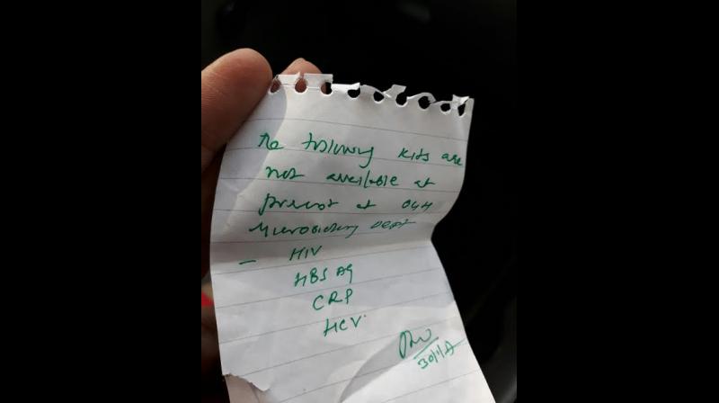 A note written by a doctor saying a slew of test kits are not available at the OGH microbiology department. A note written by a doctor saying a slew of test kits are not available at the OGH microbiology department.