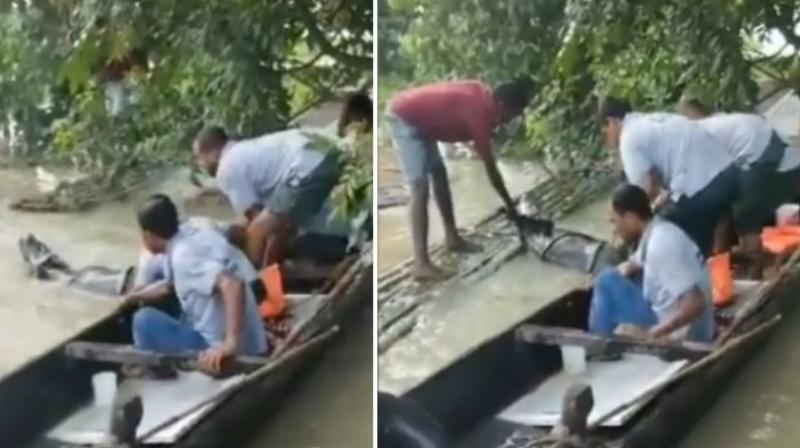 The 45-second long video showed the rescuers struggling to lift the calf out of the water. (Photo: Screengrab) The 45-second long video showed the rescuers struggling to lift the calf out of the water. (Photo: Screengrab)