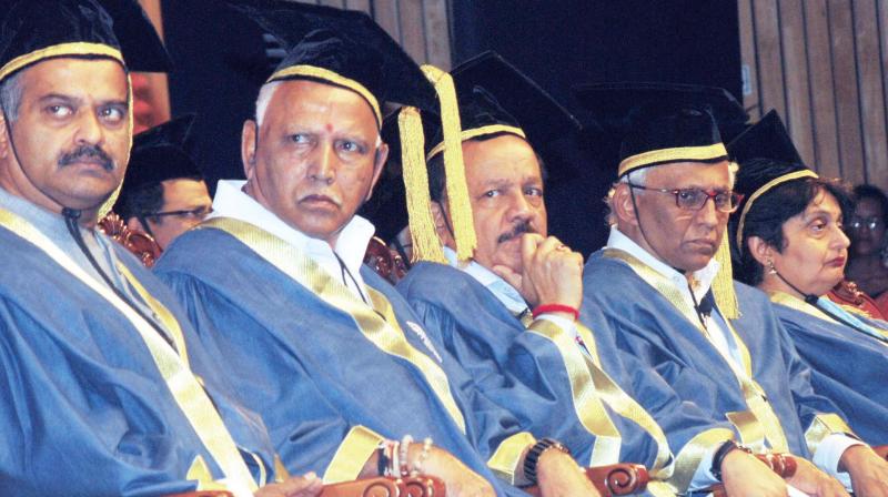 Chief Minister B.S. Yediyurappa (from L), Union Minister for Health and Family Welfare Dr Harsh Vardhan and Director NIMHANS Dr B.N. Gangadhar at the 24th Convocation of National Institute of Mental Health and Neuro Sciences at NIMHANS convention centre in Bengaluru on Monday (Photo: KPN) Chief Minister B.S. Yediyurappa (from L), Union Minister for Health and Family Welfare Dr Harsh Vardhan and Director NIMHANS Dr B.N. Gangadhar at the 24th Convocation of National Institute of Mental Health and Neuro Sciences at NIMHANS convention centre in Bengaluru on Monday (Photo: KPN)