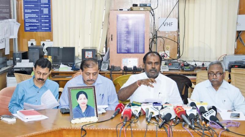 Revenue minister R.B. Udayakumar addresses a northeast monsoon preparation meeting on Thursday. (Photo:DC) Revenue minister R.B. Udayakumar addresses a northeast monsoon preparation meeting on Thursday. (Photo:DC)