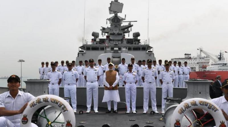 Prime Minister Modi also interacted with the officers and sailors on board the Indian Navy's Shivalik class stealth frigate INS Satpura. (Photo: Twitter | @MEAIndia) Prime Minister Modi also interacted with the officers and sailors on board the Indian Navy's Shivalik class stealth frigate INS Satpura. (Photo: Twitter | @MEAIndia)