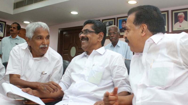 AICC general secretary Oommen Chandy, KPCC president Mullapally Ramachandran and Opposition leader Ramesh Chennithala during the Congress election committee meeting held at Indira Bhavan in Thiruvananthapuram on Wednesday. (Photo: DC) AICC general secretary Oommen Chandy, KPCC president Mullapally Ramachandran and Opposition leader Ramesh Chennithala during the Congress election committee meeting held at Indira Bhavan in Thiruvananthapuram on Wednesday. (Photo: DC)