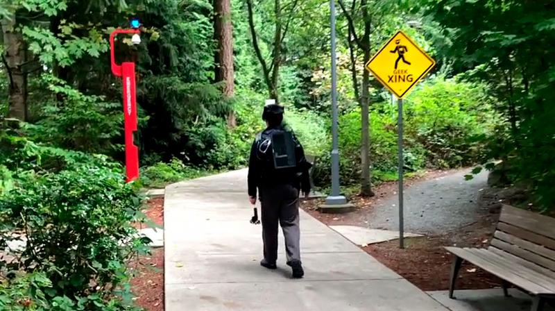 It can also adapt to changes to the route made by the walker, making it possible to transform a simple walk to a grocery store into a walk through Times Square. It can also adapt to changes to the route made by the walker, making it possible to transform a simple walk to a grocery store into a walk through Times Square.