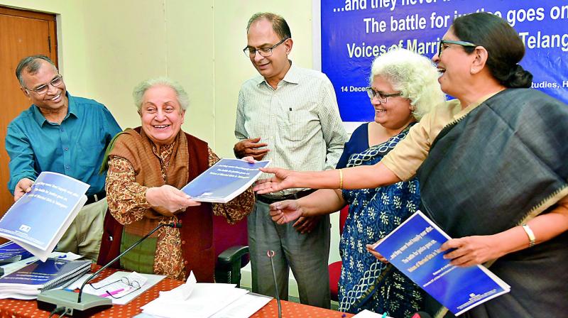 Ms Razia Ismail, president of India Alliance for child Rights, New Delhi (second left) releases a study on child marriages. (From left) R. Venkat Reddy, national convenor of MV Foundation, M.R. Vikram, secretary of MV Foundation, Ms Jandyala Kameshwari and Prof. Shantha Sinha, former chairpersons of national commission for protection of child rights, government of India, are also seen. (Photo: DC) Ms Razia Ismail, president of India Alliance for child Rights, New Delhi (second left) releases a study on child marriages. (From left) R. Venkat Reddy, national convenor of MV Foundation, M.R. Vikram, secretary of MV Foundation, Ms Jandyala Kameshwari and Prof. Shantha Sinha, former chairpersons of national commission for protection of child rights, government of India, are also seen. (Photo: DC)