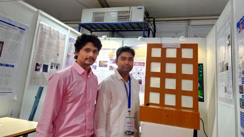 The smart window designed by CeNS, which is tailor-made for the construction industry to build buildings that do not trap heat and therefore need less energy, is displayed at the 11th Bengaluru Nano India show. (Photo | Deccan Chronicle) The smart window designed by CeNS, which is tailor-made for the construction industry to build buildings that do not trap heat and therefore need less energy, is displayed at the 11th Bengaluru Nano India show. (Photo | Deccan Chronicle)