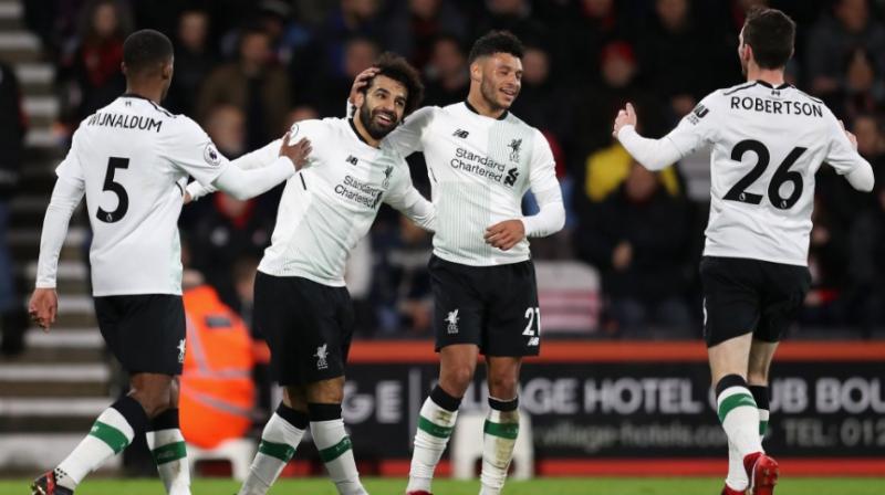 Mohamed Salah (second from left) scored his 20th goal of the season for Liverpool against Bournemouth on Sunday. (Photo: Twitter/Liverpool) Mohamed Salah (second from left) scored his 20th goal of the season for Liverpool against Bournemouth on Sunday. (Photo: Twitter/Liverpool)
