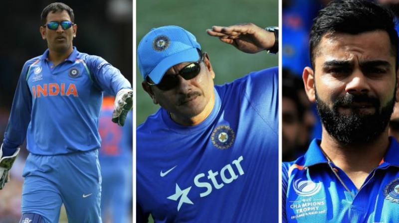 Team India coach Ravi Shastri (center) has backed MS Dhoni (left), he praised Team India skipper Virat Kohli (right) Team India coach Ravi Shastri (center) has backed MS Dhoni (left), he praised Team India skipper Virat Kohli (right)