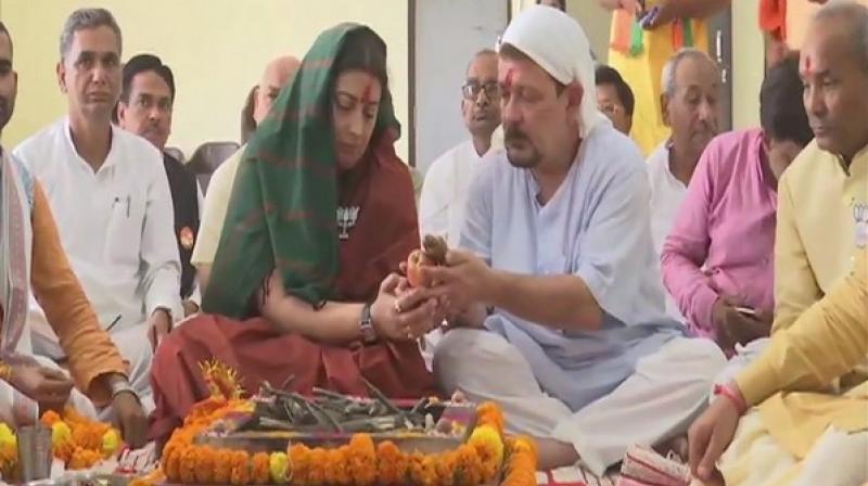 Her husband Zubin Irani was also present at the 'puja'. (Photo: ANI) Her husband Zubin Irani was also present at the 'puja'. (Photo: ANI)