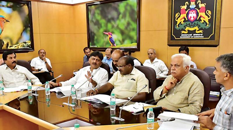 Chief Minister H.D. Kumaraswamy, Water Resources Minister D.K. Shivakumar, Revenue Minister R.V. Deshpande and RDPR Minister Krishna Byregowda at a meeting on the Yettinahole project in Bengaluru on Monday (Photo: KPN) Chief Minister H.D. Kumaraswamy, Water Resources Minister D.K. Shivakumar, Revenue Minister R.V. Deshpande and RDPR Minister Krishna Byregowda at a meeting on the Yettinahole project in Bengaluru on Monday (Photo: KPN)