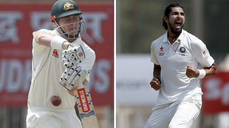 Following a couple of minutes delay, Ishant Sharma resumed his over and charged Matt Renshaw with a short-pitched delivery that hit the youngster's thigh pad and climbed straight up to hit the chin through the gap of the helmet grill. (Photo: BCCI / AP) Following a couple of minutes delay, Ishant Sharma resumed his over and charged Matt Renshaw with a short-pitched delivery that hit the youngster's thigh pad and climbed straight up to hit the chin through the gap of the helmet grill. (Photo: BCCI / AP)