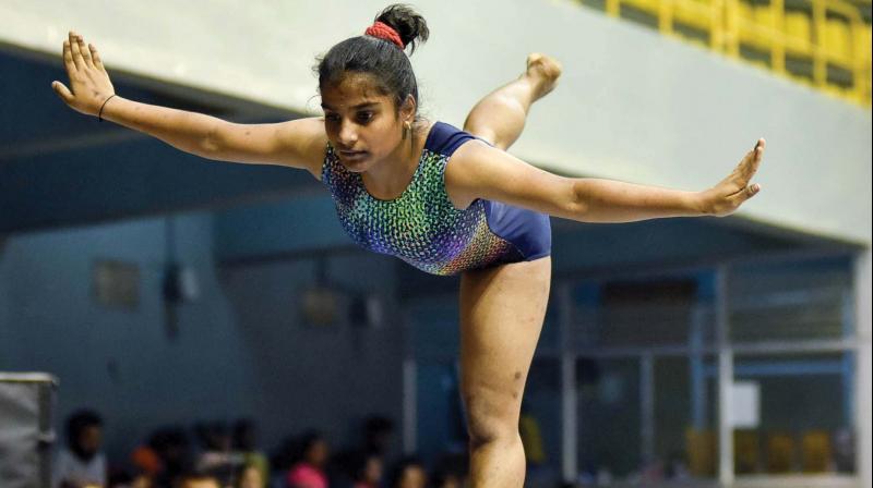 A gymnast performs at the ‘Dasara Games’ in Mysuru on Friday (Image DC) A gymnast performs at the ‘Dasara Games’ in Mysuru on Friday (Image DC)