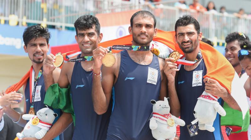 The team comprising Sawarn Singh, Dattu Bhokanal, Om Prakash and Sukhmeet Singh clocked 6:17.13 to win the gold medal in men's quadruple sculls. (Photo: PTI) The team comprising Sawarn Singh, Dattu Bhokanal, Om Prakash and Sukhmeet Singh clocked 6:17.13 to win the gold medal in men's quadruple sculls. (Photo: PTI)