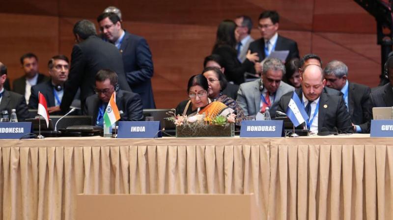 Sushma Swaraj was addressing the 18th mid-term ministerial meeting of the Non-Aligned Movement in Baku on Thursday. (Photo: Twitter/ MEAIndia) Sushma Swaraj was addressing the 18th mid-term ministerial meeting of the Non-Aligned Movement in Baku on Thursday. (Photo: Twitter/ MEAIndia)