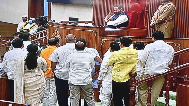 The TD members at one stage climbed onto the podium, demanding a mic facility and more time to speak. Following this, the speaker suspended the TD members from assembly for a day.(DC Image)