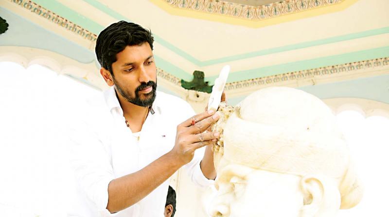 Sculptor Arun Yogiraj Shilpi works on the statue of Nalwadi Krishnaraja Wadiyar. Sculptor Arun Yogiraj Shilpi works on the statue of Nalwadi Krishnaraja Wadiyar.