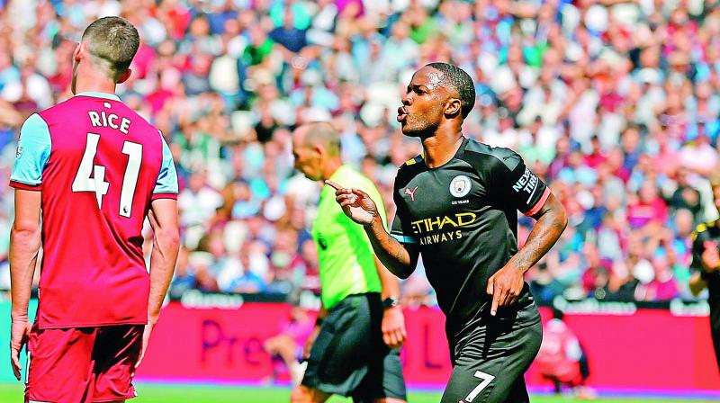 Manchester City’s Raheem Sterling celebrates scoring against West Ham in their English Premier League match at the London Stadium on Saturday. (Photo: AFP ) Manchester City’s Raheem Sterling celebrates scoring against West Ham in their English Premier League match at the London Stadium on Saturday. (Photo: AFP )