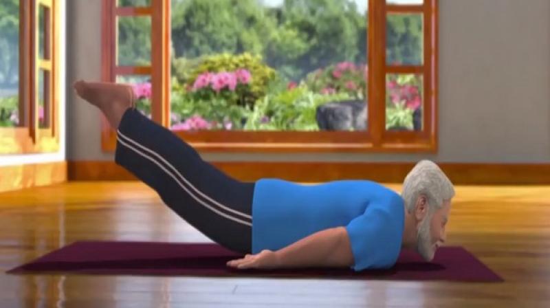 Donning a blue T-shirt and black track pants in the 3D video, Modi's animated version can be seen performing the posture while a voice-over outlines the benefits of the asana. (Photo: ANI) Donning a blue T-shirt and black track pants in the 3D video, Modi's animated version can be seen performing the posture while a voice-over outlines the benefits of the asana. (Photo: ANI)