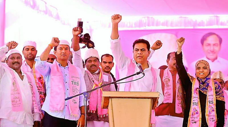 TRS working president K.T. Rama Rao addresses a meeting along with the party’s Lok Sabha candidate Marri Rajasekhar Reddy at Kukatpally in Hyderabad on Sunday. TRS working president K.T. Rama Rao addresses a meeting along with the party’s Lok Sabha candidate Marri Rajasekhar Reddy at Kukatpally in Hyderabad on Sunday.