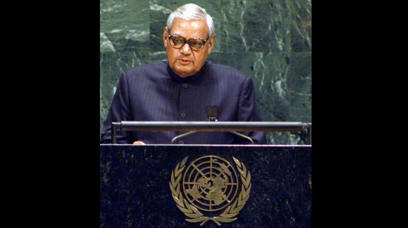 Known for his great oratory skills, Vajpayee first addressed the UNGA's 32nd session in 1977 as the foreign minister under the Janata Party government headed by then prime minister Morarji Desai. (Photo: PTI) Known for his great oratory skills, Vajpayee first addressed the UNGA's 32nd session in 1977 as the foreign minister under the Janata Party government headed by then prime minister Morarji Desai. (Photo: PTI)