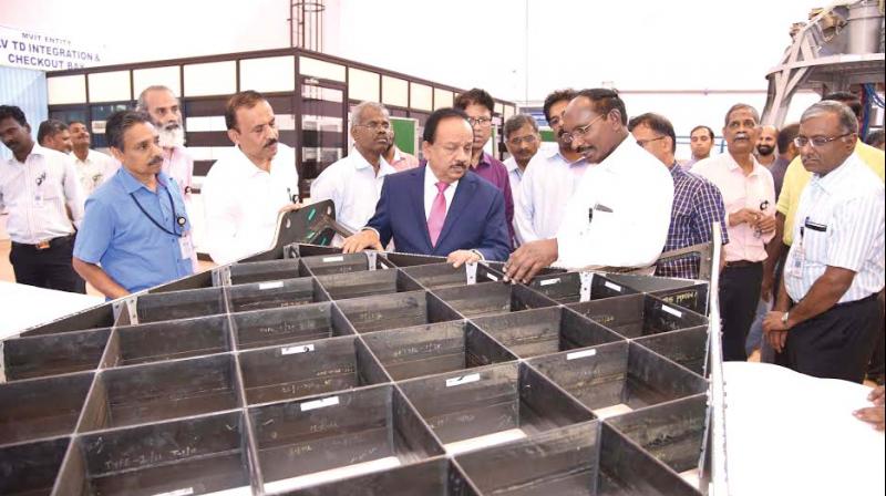 Union minister Harsh Vardhan interacts with K. Sivan, director, VSSC at Thiruvananthapuram on Monday. (Photo: DC) Union minister Harsh Vardhan interacts with K. Sivan, director, VSSC at Thiruvananthapuram on Monday. (Photo: DC)