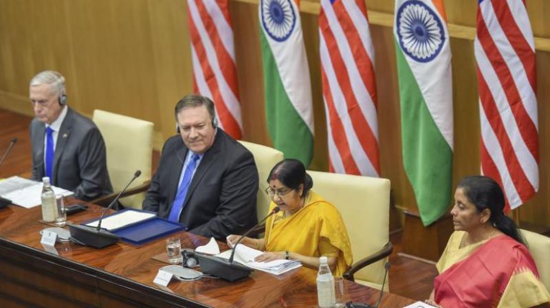External Affairs Minister Sushma Swaraj, Defence Minister Nirmala Sitharaman, US Secretary of State Mike Pompeo and US Secretary of Defense James Mattis at a joint press conference after the India-US 2 + 2 Dialogue in New Delhi. (Photo: PTI) External Affairs Minister Sushma Swaraj, Defence Minister Nirmala Sitharaman, US Secretary of State Mike Pompeo and US Secretary of Defense James Mattis at a joint press conference after the India-US 2 + 2 Dialogue in New Delhi. (Photo: PTI)