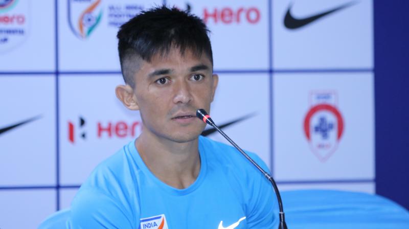 Chhetri, who is set to play his 100th match in national jersey against Kenya in the Intercontinental Cup in Mumbai on Monday, has requested the Indian sports fans through a video uploaded on his Twitter handle to come and watch the team play. (Photo: AIFF Media) Chhetri, who is set to play his 100th match in national jersey against Kenya in the Intercontinental Cup in Mumbai on Monday, has requested the Indian sports fans through a video uploaded on his Twitter handle to come and watch the team play. (Photo: AIFF Media)