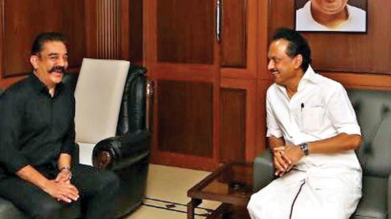 MNM founder Kamal Haasan on Monday calls on DMK working president M.K. Stalin regarding the Cauvery meet to be held on May 19. (Photo: DC) MNM founder Kamal Haasan on Monday calls on DMK working president M.K. Stalin regarding the Cauvery meet to be held on May 19. (Photo: DC)