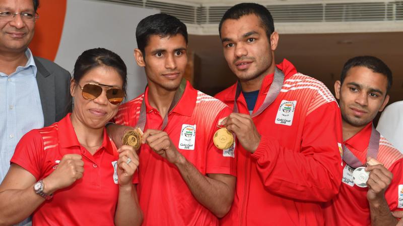 File photo of boxers MC Mary Kom, Gaurav Solanki, Vikas Krishan and Amit Panghal. PTI Photo