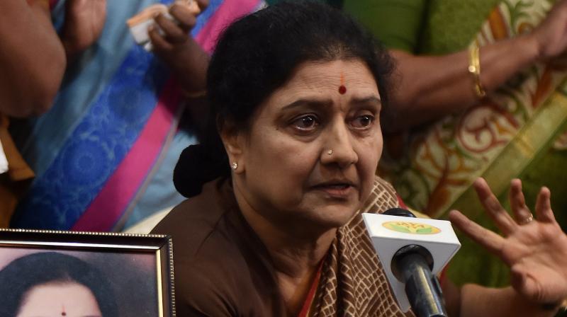 AIADMK General Secretary VK Sasikala briefing the press on Monday. (Photo: PTI) AIADMK General Secretary VK Sasikala briefing the press on Monday. (Photo: PTI)