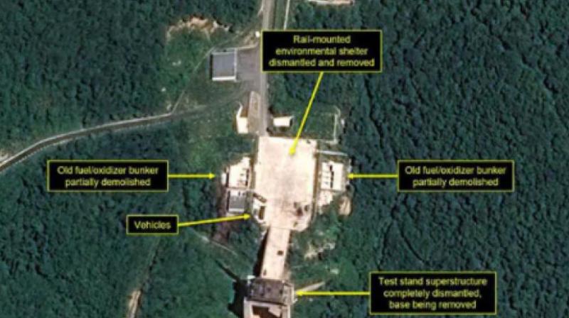 According to the respected 38 North group, commercial satellite imagery of the Sohae satellite launching station indicates Pyongyang has begun taking down a processing building and a rocket-engine test stand that had been used to test liquid-fuel engines for ballistic missiles and space launch vehicles. (Photo: AFP) According to the respected 38 North group, commercial satellite imagery of the Sohae satellite launching station indicates Pyongyang has begun taking down a processing building and a rocket-engine test stand that had been used to test liquid-fuel engines for ballistic missiles and space launch vehicles. (Photo: AFP)