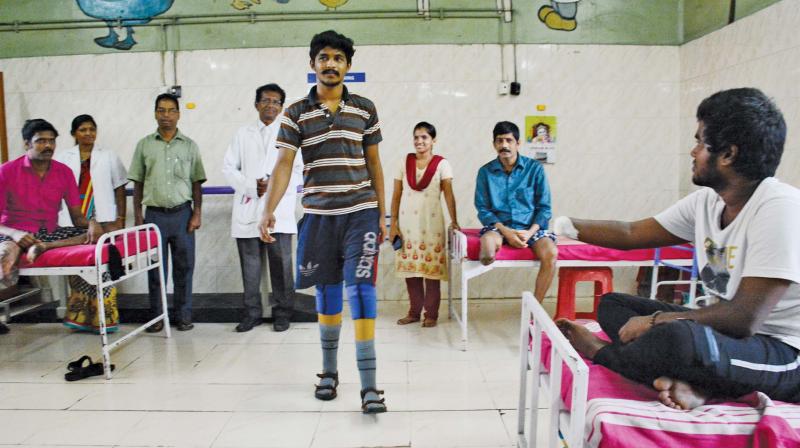 Vijay after receiving prosthetic legs at the Kilpauk Medical Hospital (Photo: DC) Vijay after receiving prosthetic legs at the Kilpauk Medical Hospital (Photo: DC)