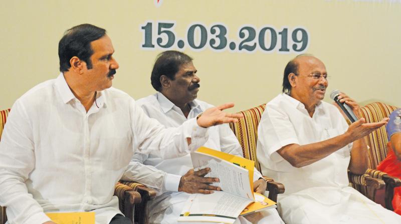 PMK founder leader Dr S. Ramadoss addressing media after releasing manifesto for LS election. PMK MP Dr Anbumani Ramadoss also present. (Image DC) PMK founder leader Dr S. Ramadoss addressing media after releasing manifesto for LS election. PMK MP Dr Anbumani Ramadoss also present. (Image DC)