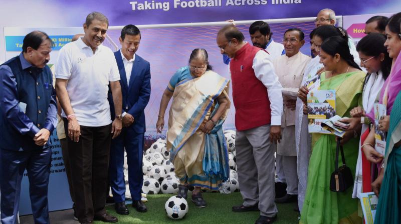 The occasion was the presentation of footballs to MPs of both houses of Parliament by Lok Sabha Speaker Sumitra Mahajan. (Photo: PTI) The occasion was the presentation of footballs to MPs of both houses of Parliament by Lok Sabha Speaker Sumitra Mahajan. (Photo: PTI)