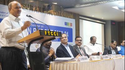 DP Naidu, Commissioner Central Tax, Secunderabad Commissionerate seen speaking at the Seminar on Post Union Budget, Implictions for Trade and Industries organised by FTCCI. (DC photo)