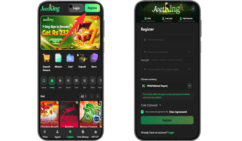 JeetKing Game Registration Button and Registration Interface Display