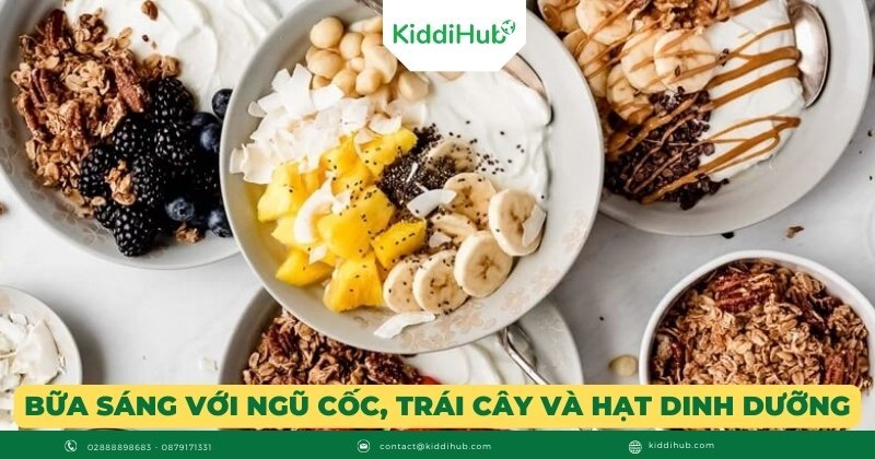 Bữa sáng nhanh gọn với ngũ cốc, trái cây và hạt dinh dưỡng