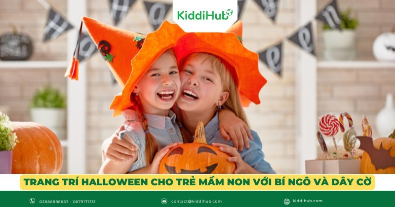 Trang trí Halloween cho trẻ mầm non với bí ngô và dây cờ