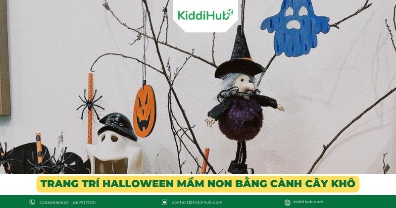 vào không khí sôi động của lễ hội. Trang trí Halloween mầm non bằng cành cây khô