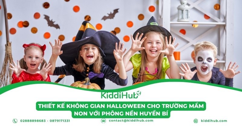 Thiết kế không gian Halloween cho trường mầm non với phông nền huyền bí