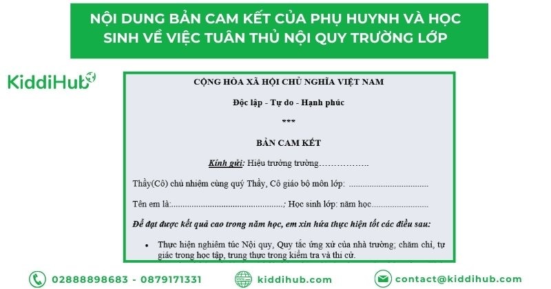 Nội dung bản Cam kết của phụ huynh và học sinh về việc tuân thủ nội quy trường lớp